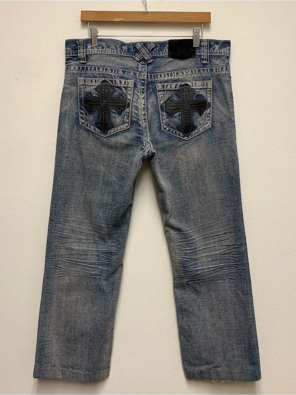 Xtreme Couture Leather Cross Straight Jeans 34 x 27 Y2K Distressed Vtg *Hemmed